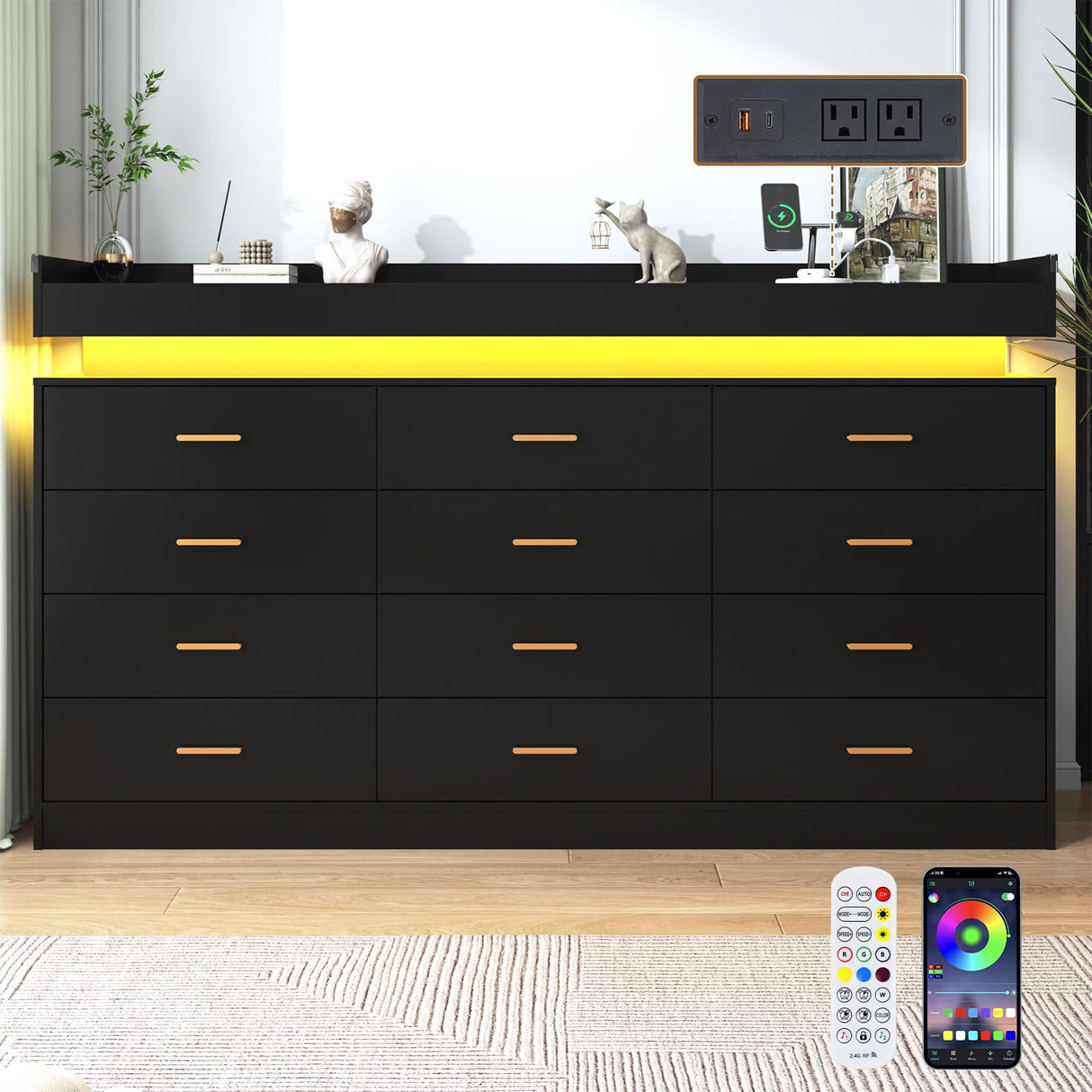 jiteentarou 12 Drawer Dresser with Charging Station and LED Lights, Modern Chest of Drawers with Power Outlet, Organizer Cabinet for Bedroom, Living Room, Entryway, Black jiteentarou