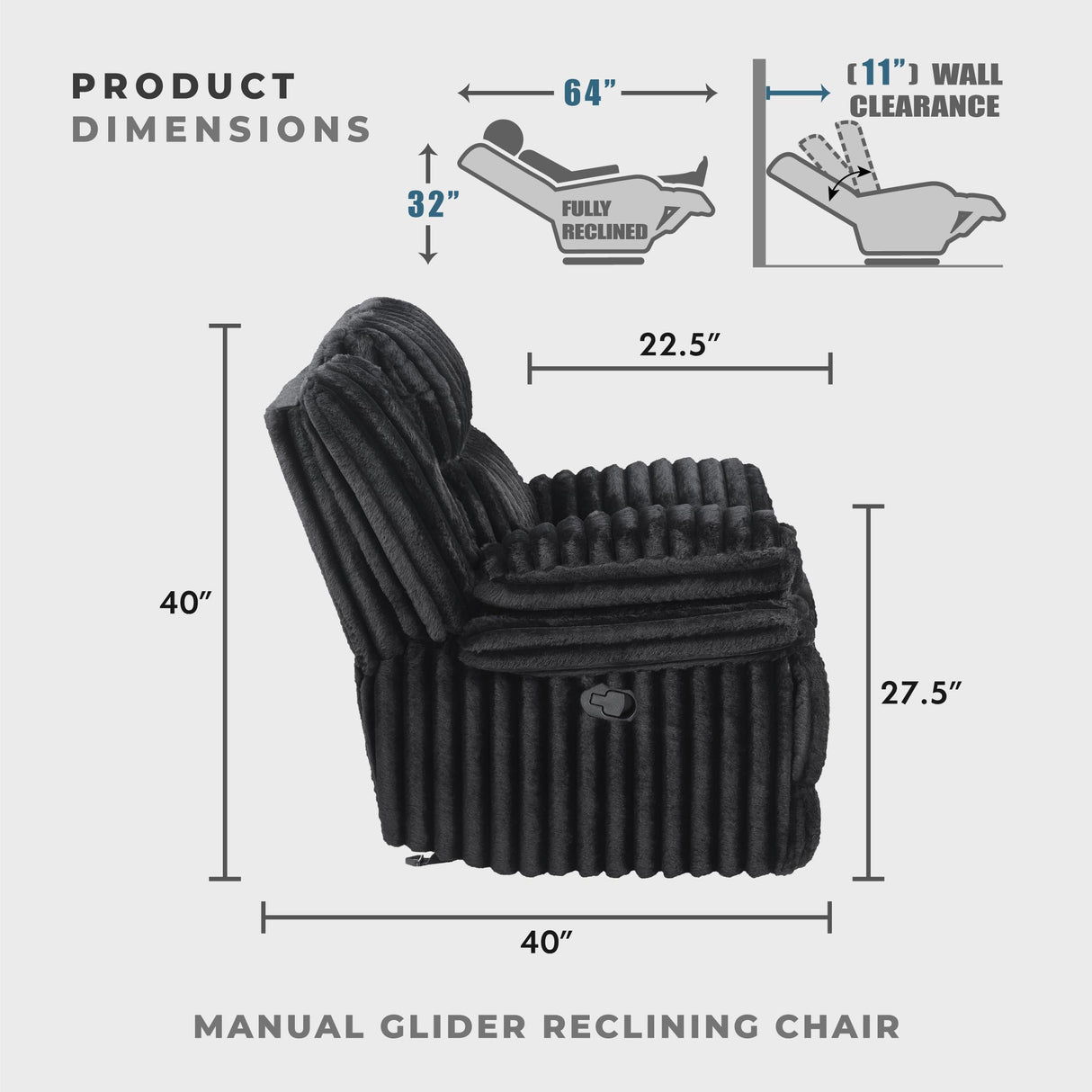 Lexicon Manual Glider Recliner Chair, Corduroy Manual Tab Pull Reclining Chair with Pillow Top Arms, Plush Cushions, Cozy Theater-Style Accent for Living Room/Bedroom, Easy Assembly, Black Lexicon