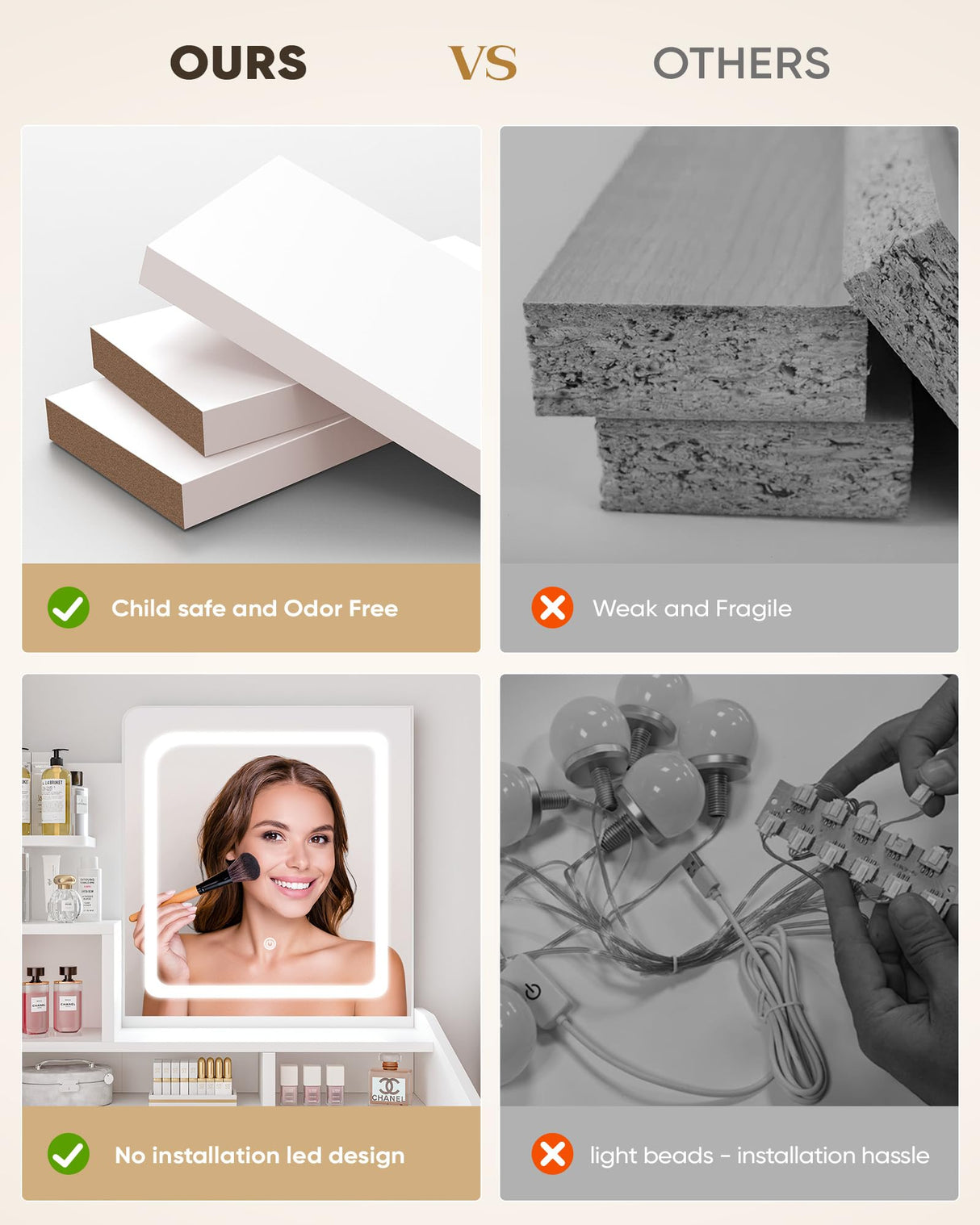 LIVELYGLOW Small Vanity Desk Set with Square Mirror and Light- Vanity Desk with Drawer- White LIVELYGLOW