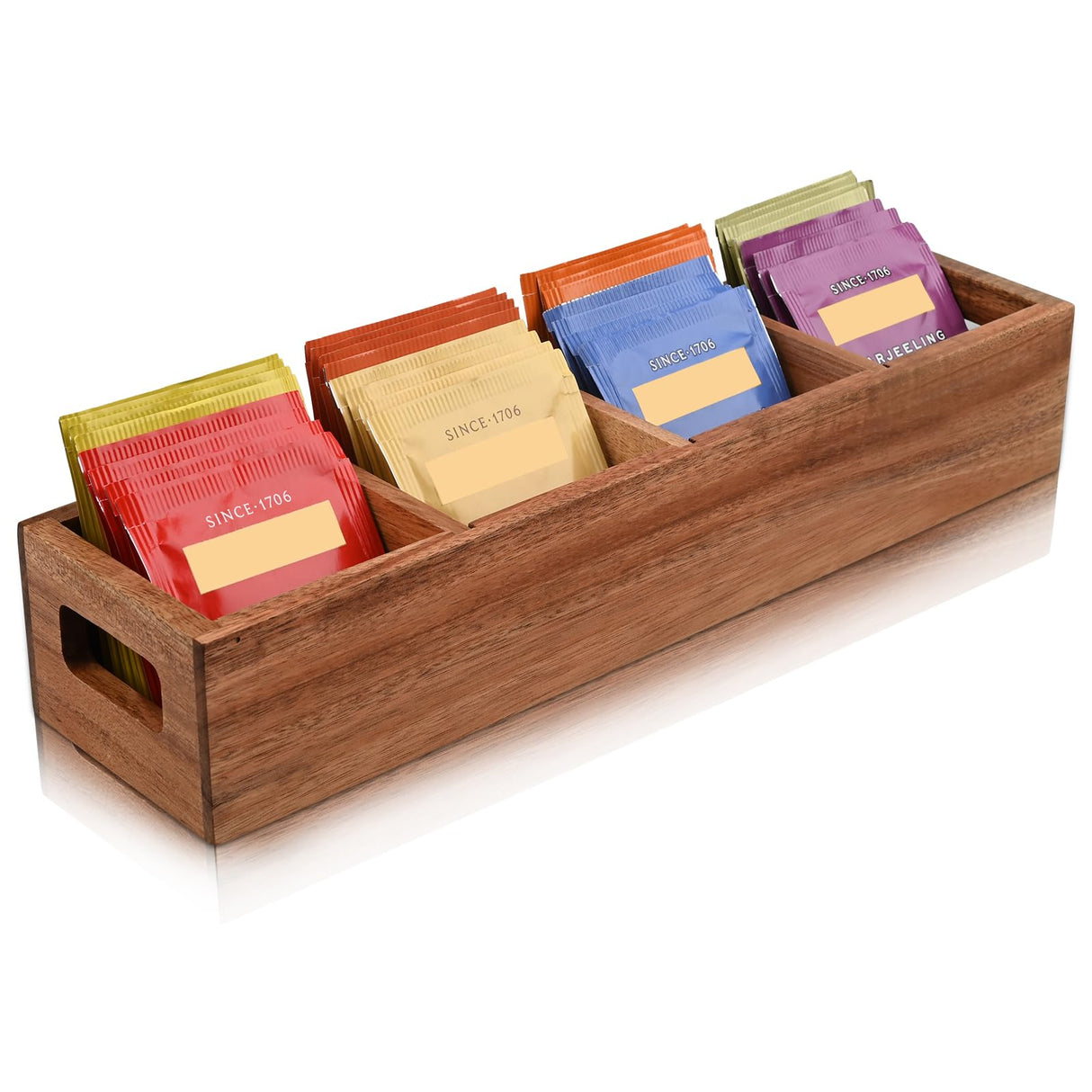 Chicvilla Acacia Wood Tea Bag Organizer with 4 Slots – Tea Bag Holder and Tea Organizer, Sugar Packet Storage for Countertops Chicvilla