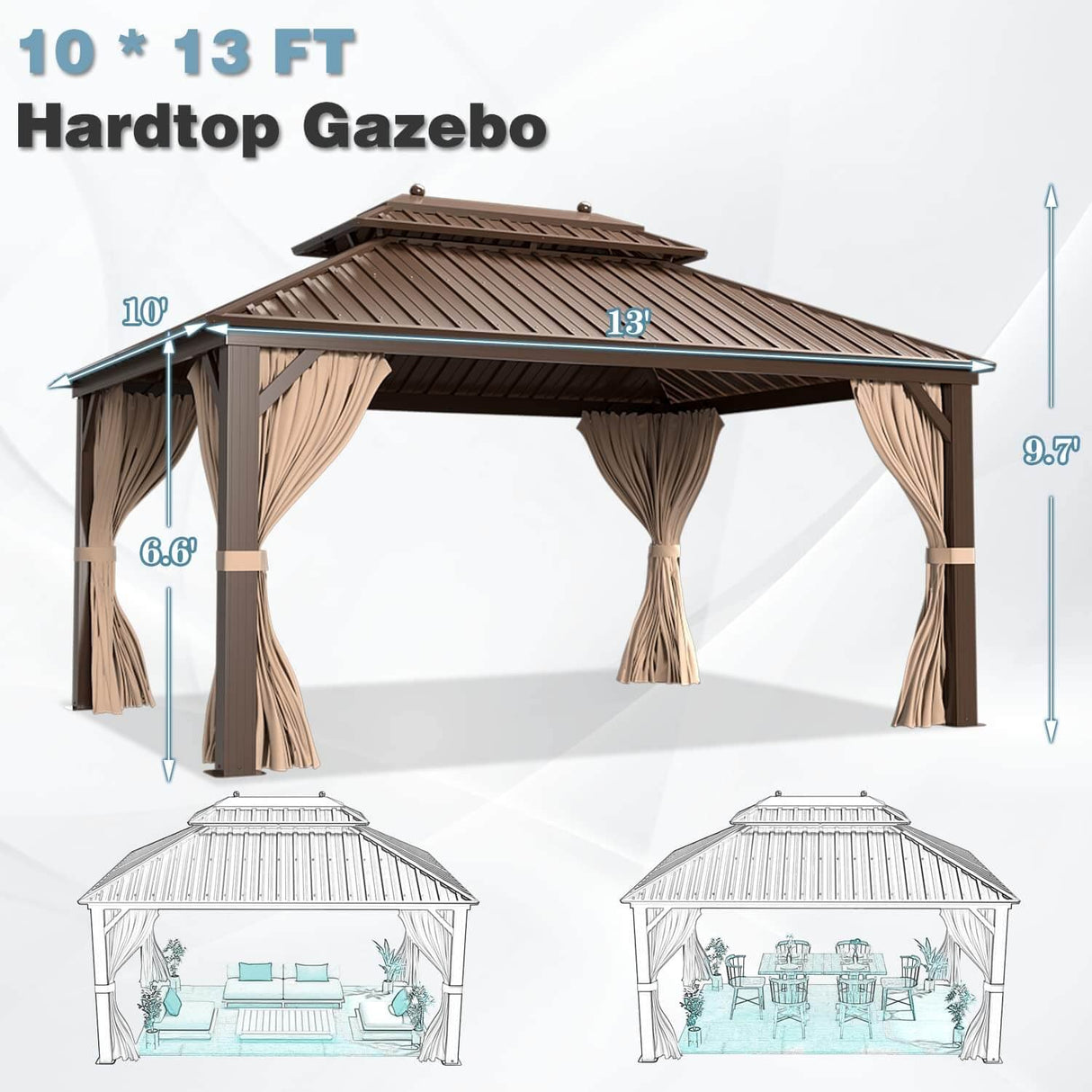 MELLCOM 10' x 13' Hardtop Aluminum Gazebo, Galvanized Steel Double Roof Metal Gazebo with Aluminum Frame, Brown Permanent Patio Gazebo with Curtains and Netting for Patios, Gardens, Lawns MELLCOM