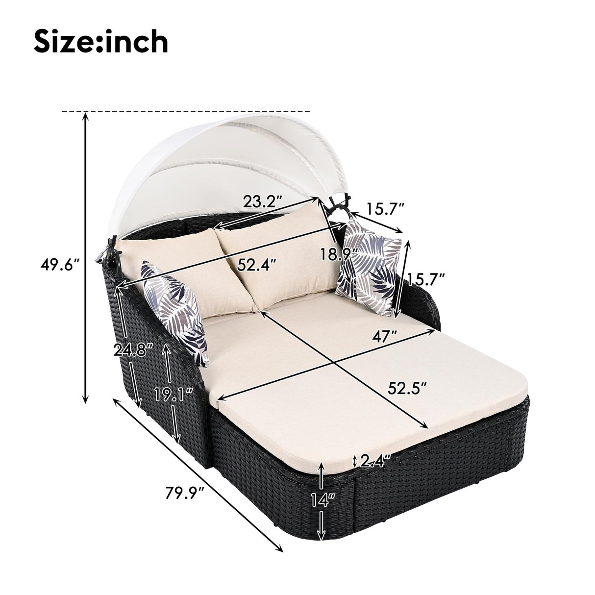 Merax Outdoor Patio Rattan Daybed Sunbed with Adjustable Canopy, Double Lounge Sun Bed with Cushion for Pool/Backyard/Porch, Beige+ Black Merax