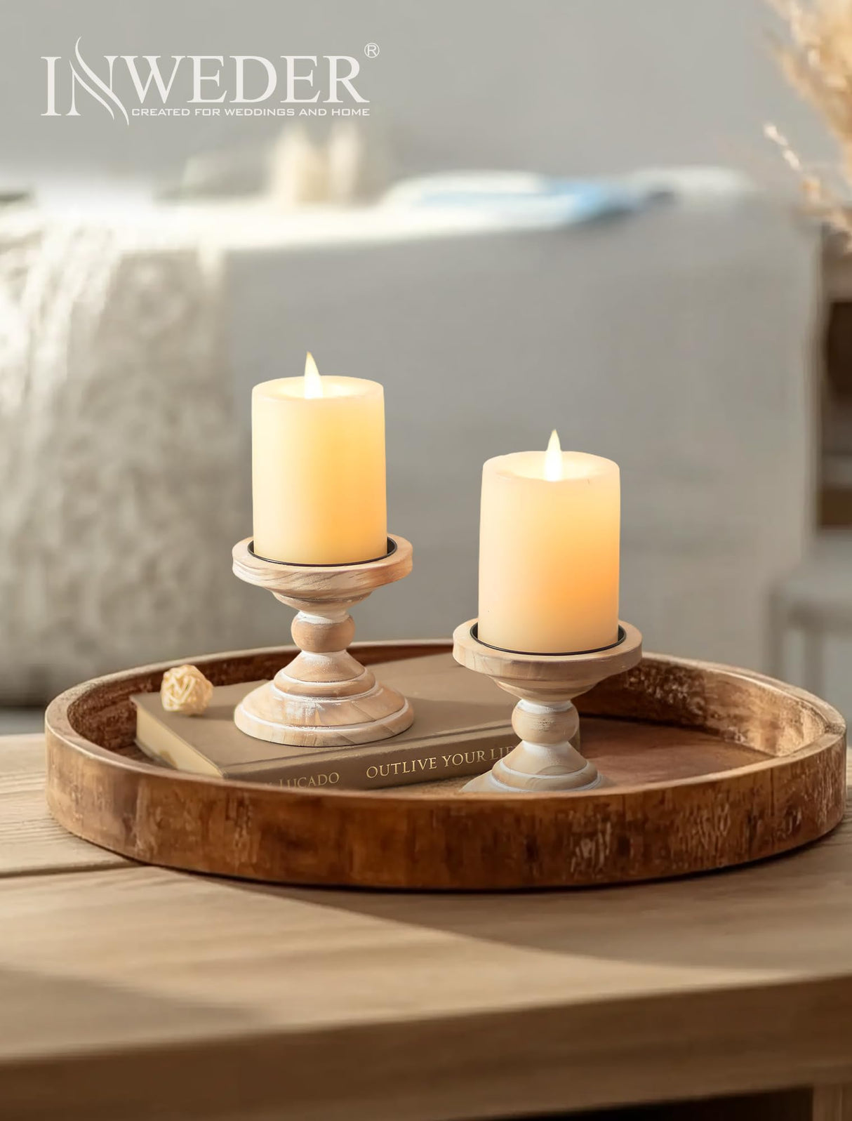 Inweder Wood Pillar Candle Holder: 2Pcs Rustic White Candle Holders for Pillar Candles Wood Candle Holders Distressed Wooden Farmhouse Candle Holder Large Rustic Candle Holder for Fireplace Table Inweder