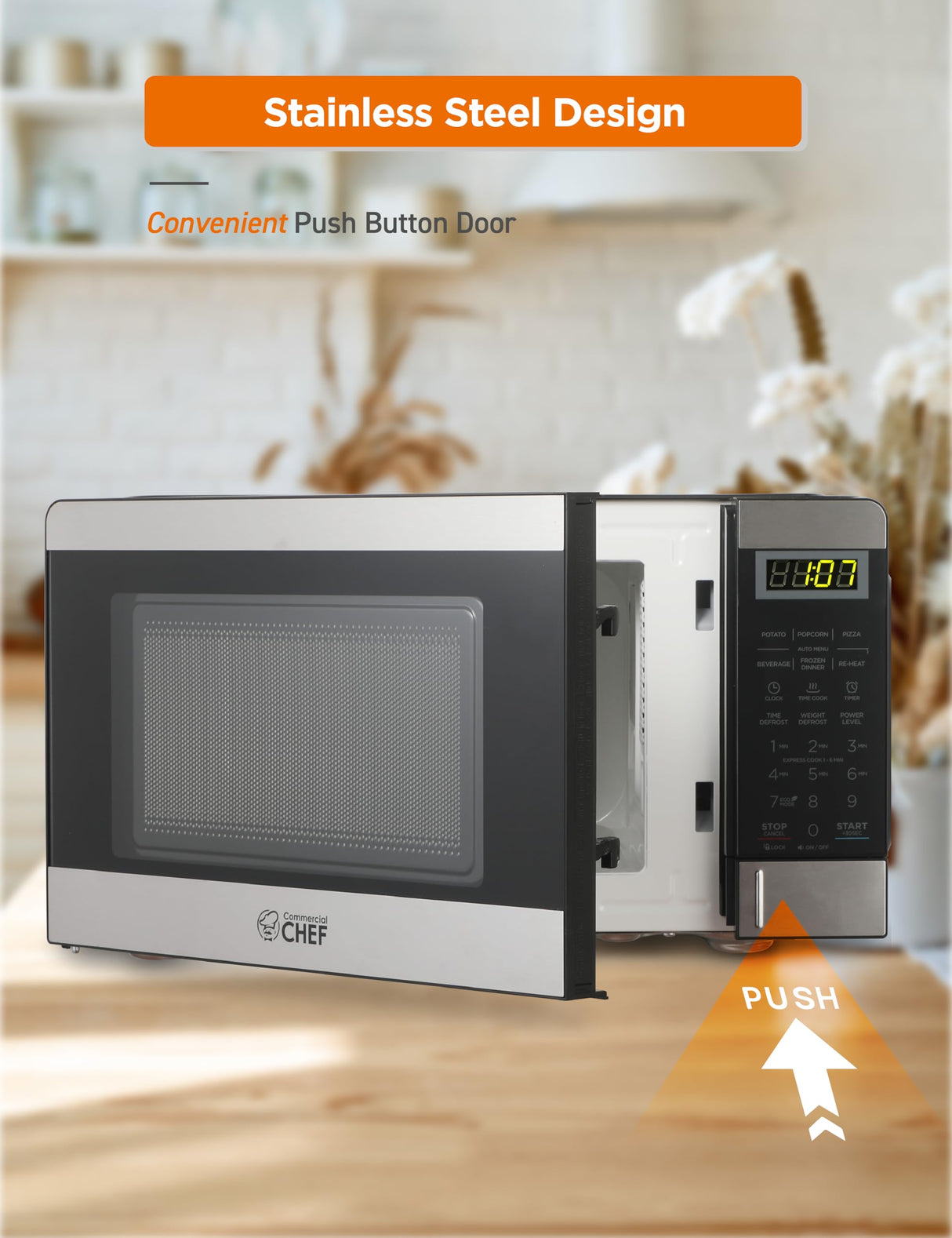 COMMERCIAL CHEF 0.7 Cubic Foot Microwave with 10 Power Levels, Small Microwave with Push Button, 700W Countertop Microwave up to 99 Minute Timer and Digital Display, Stainless Steel Commercial CHEF