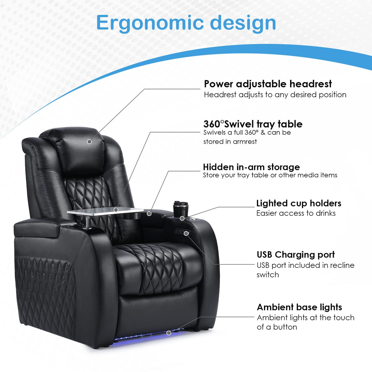 Weilianda Home Theater Seating Top Grain Leather Recliner Chair Dual Power Movie Gaming Sofa Electric Headrest with Tray Table Type-C USB Charge Cup Holders Black Weilianda