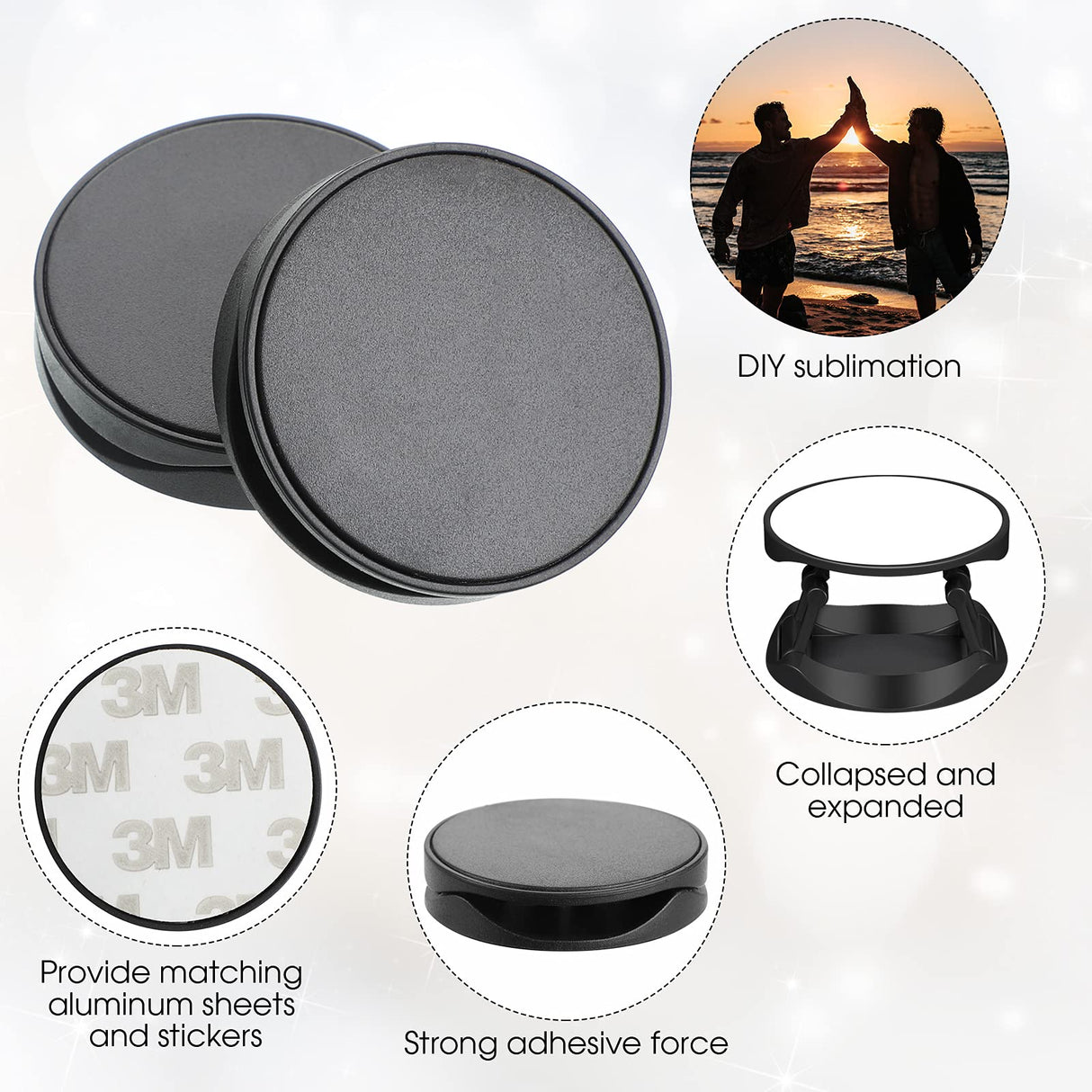 40 Pieces Blank Sublimation Phone Grip Holders Include 40 Collapsible Brackets and Sublimation Aluminum Sheets and Double-Sided Stickers DIY Expanding Finger Stand for Smartphones and Tablets (Black) Frienda