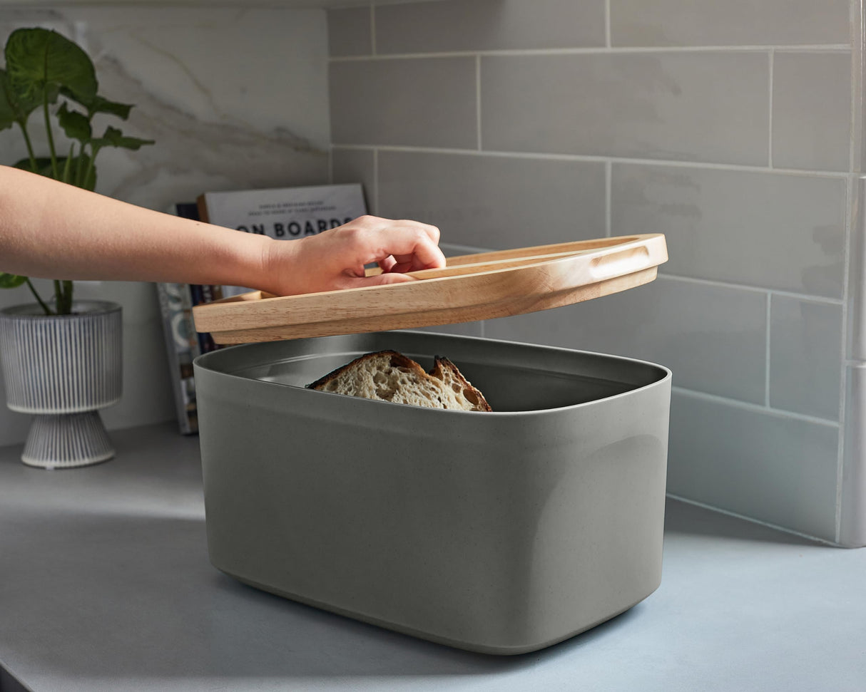 Sonder Los Angeles, Modern Bamboo Fiber (Charcoal) Bread Box for Kitchen Countertop with Reversible Wood Serving Lid, Homemade Bread Storage 14.25 x 9.25 x 7in, Storage Bin and Bread Container Sonder Los Angeles