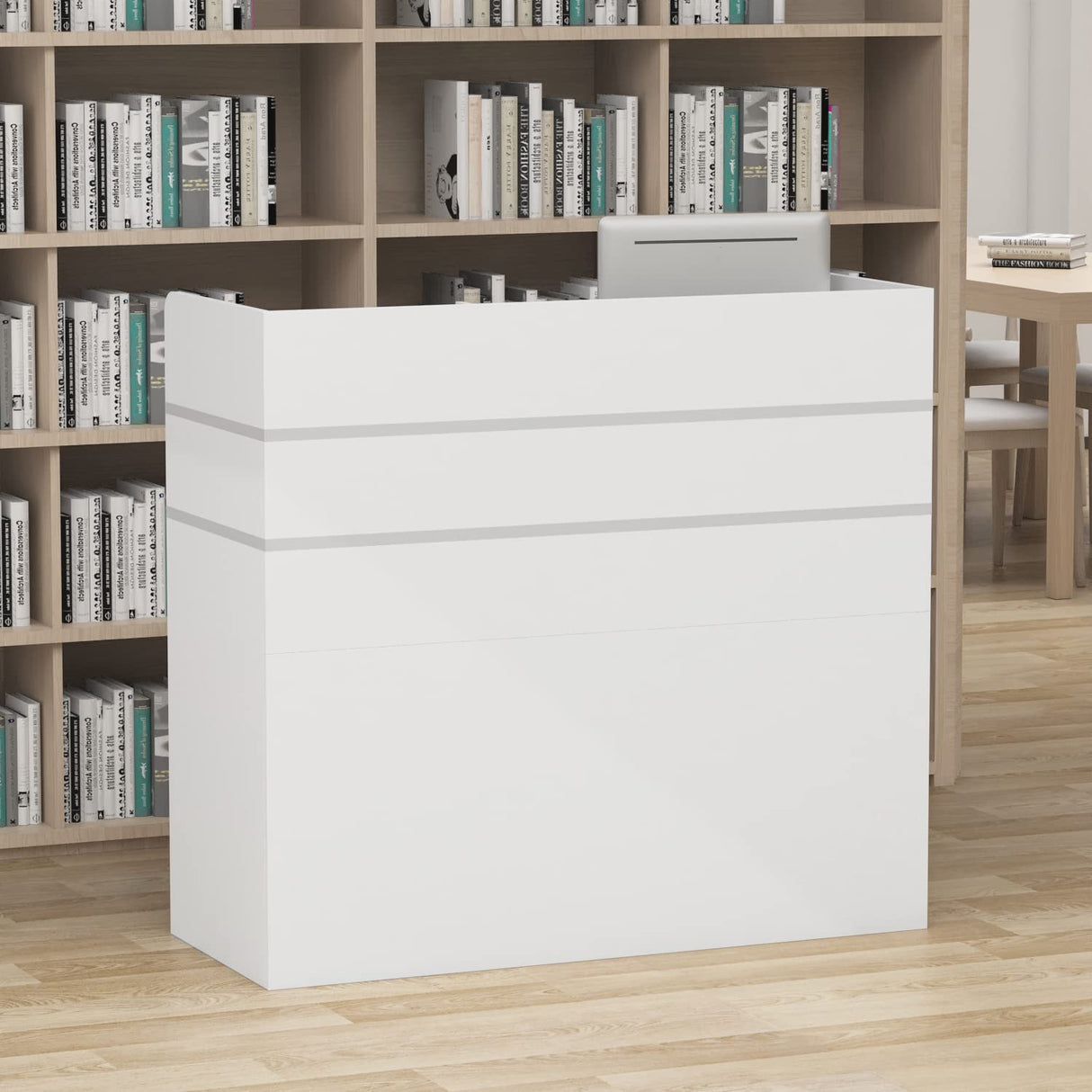 AIEGLE Reception Desk with Drawers & Storage Shelves, Table with Private Panels, for Salon Reception Room Checkout Office, White (47.3" L x 18.3" W x 43.3" H) AIEGLE