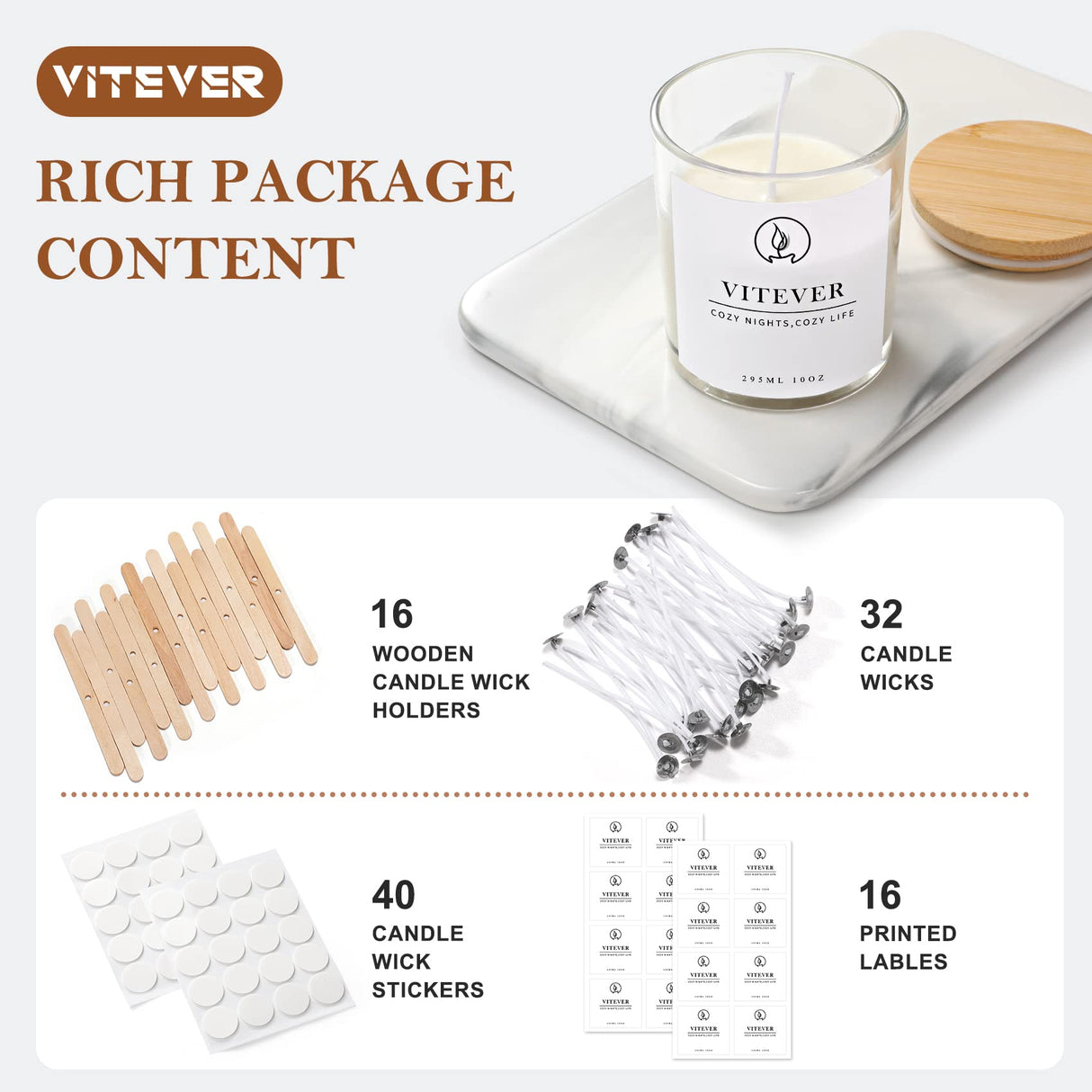 VITEVER 16 Pack, 10 OZ Thick Glass Candle Jars with Bamboo Lids and Candle Wick Kit - Bulk Clear Empty Glass Candle Jars for Making Candles - Spice, Powder Containers VITEVER