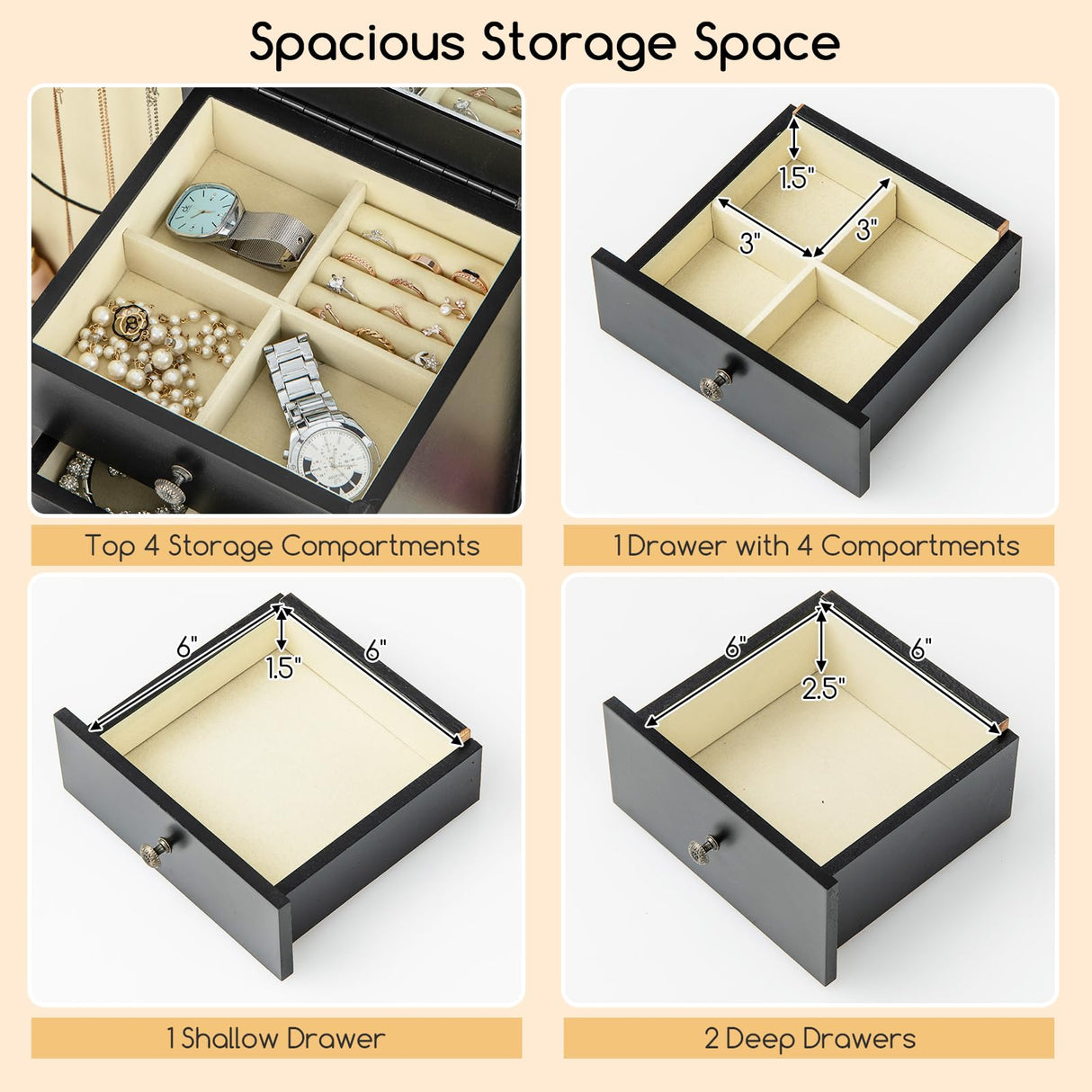 Giantex Jewelry Cabinet Armoire Chest with 4 Drawers, Flip Top Mirror, Top Storage Compartments, 2 Side Doors with 8 Necklace Hooks, 2 Shelves, Black Standing Jewelry Organizer Box for Girls Gift Giantex