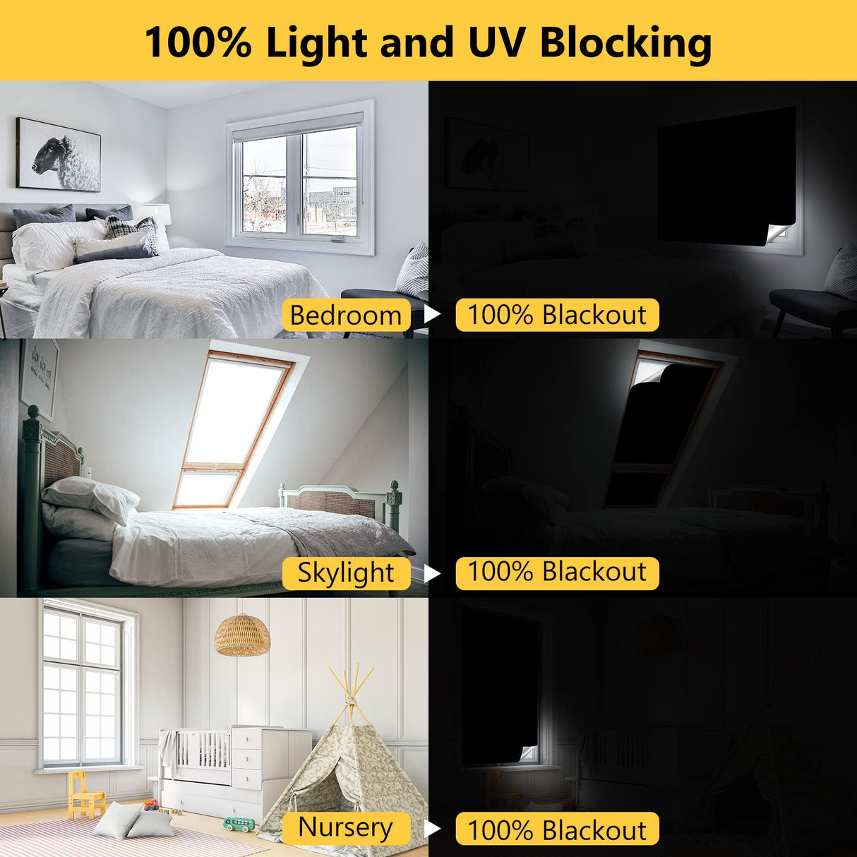 Blackout Curtains for Bedroom 79" x 57" Portable Blackout Shades Film 100% Blackout Window Cover No Drill Blackout Blinds with Hooks & Loops Strips Temporary Blackout Shades for Nursery Dorm Room LUCKJOY