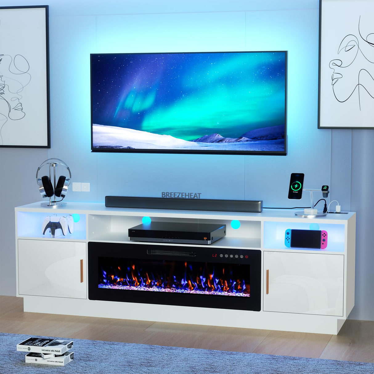 BREEZEHEAT Electric Fireplace TV Stand-Led Entertainment Center-80 inch TV Stand with 42" Electric Fireplace-Living Room Tv Cabinet with Storage for TVs Up to 85",Modern Media Console (White) BREEZEHEAT