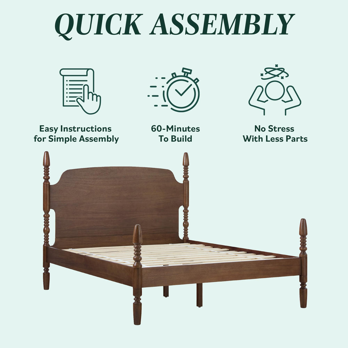 Walker Edison EZ Assembly™ Traditional Wood Spindle Post Bed, Modern Farmhouse Bed Frame Queen Bed Frame with Headboard, No Box Spring Required, Queen Size, Dark Brown Walker Edison