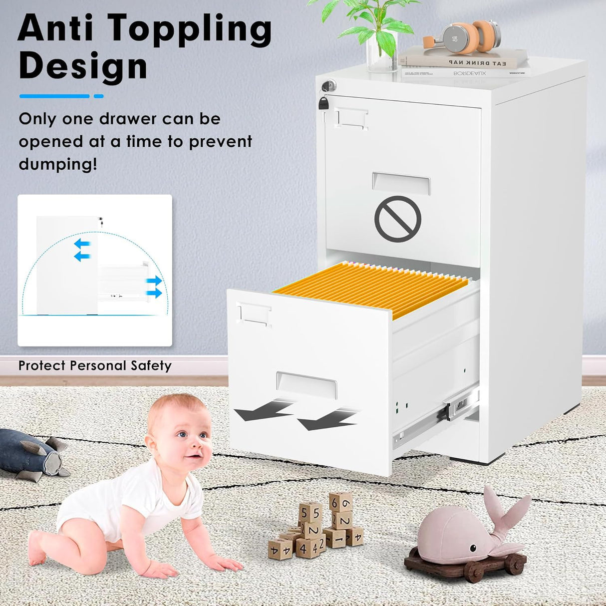 INTERGREAT 2 Drawer File Cabinet, White Metal Filing Cabinet with Lock, Lockable Narrow Storage Cabinet with 4 Adjustable Hanging Rods for Home Office INTERGREAT