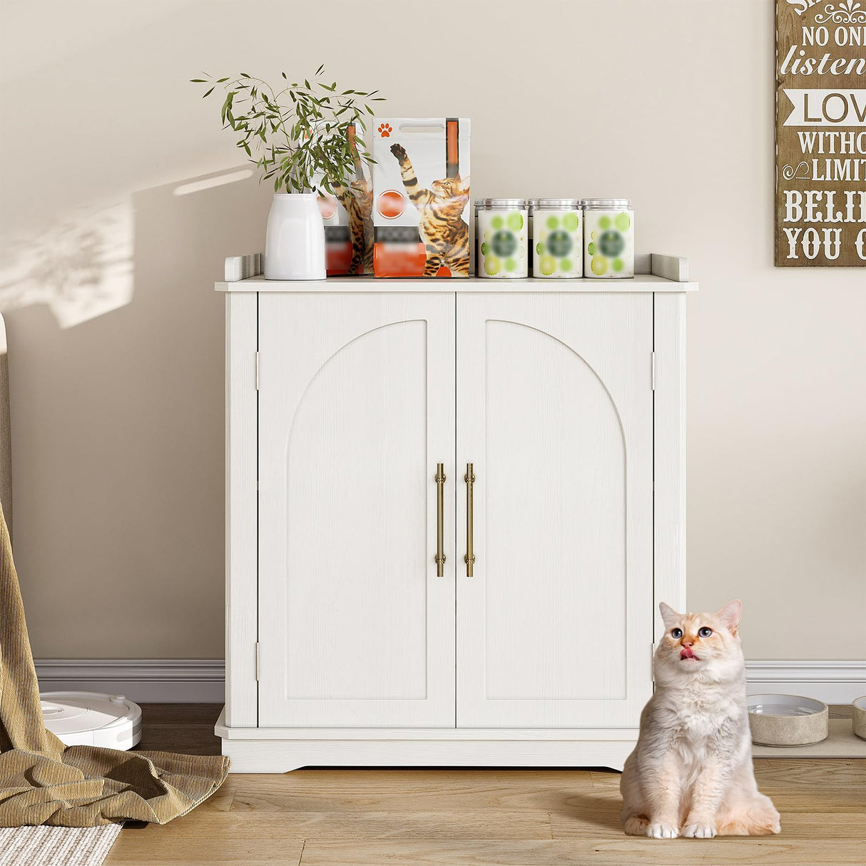 Halitaa Cat Litter Box Enclosure Furniture, Hidden Litter Box Furniture with Removable Dividers, Reversible Entrance Can Be on Left or Right Side, for Hallway, Bedroom, White, 31.4" L Halitaa