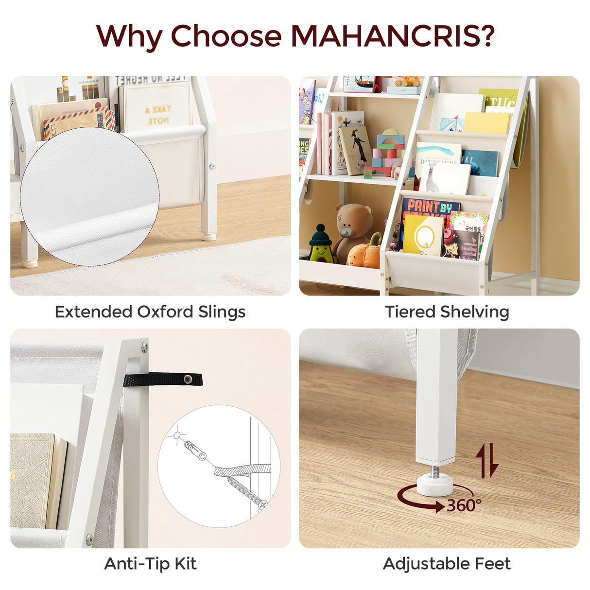 MAHANCRIS Kids Bookshelf and Toy Organizer, 3-Tier Kids Bookcase, Kids Sling Bookshelf, Toddler Toy Storage Organizer with Bookshelf, for Kids Room, Playroom, Bedroom, Nursery, White BKWT34201 MAHANCRIS