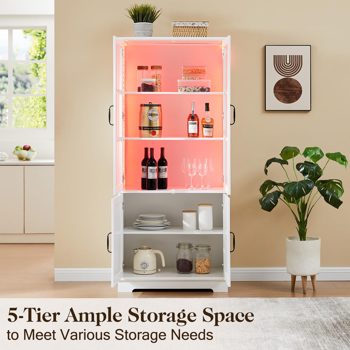 LUXOAK 71" Tall Bookshelf with Doors, LED Display Cabinet with 5-Tier Storage Shelves, White Bookcase for Study/Home Office/Living Room, 4-Door LUXOAK