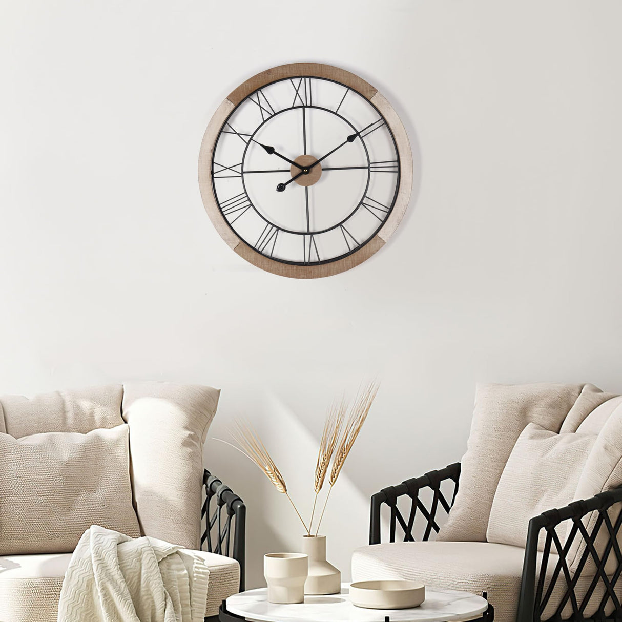 Wall Clock for Living Room Decor, 24'' Big Wall Clock for Office, Rustic Wall Clock Battery Operated, Distressed White Roman Numeral Clock, Round, Wood Wall Clock Oakrain