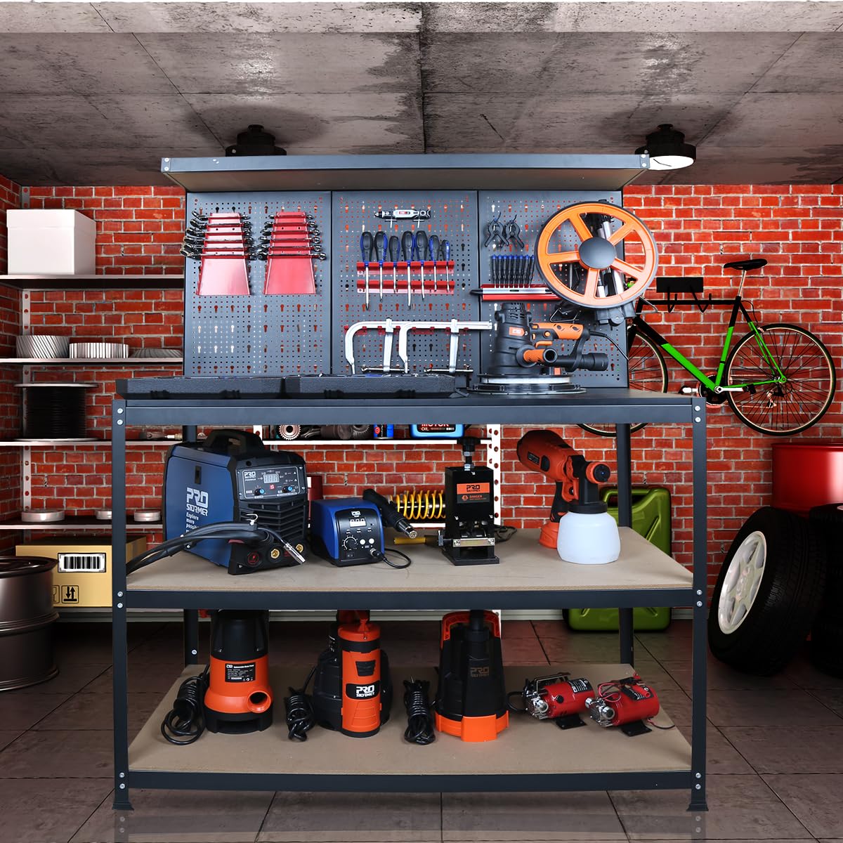 Prostormer 47.25 inch Workbench, Heavy-Duty Multipurpose Garage Worktable with Pegboard Shelves and Peg Board Hook Kit for Garage, Home, Workshop Storage, DIY Projects Prostormer