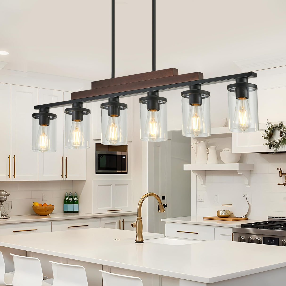 Farmhouse Chandelier 6-Light Dining Room Light Fixture Over Table Kitchen Island Lighting Rustic Chandeliers for Dining Light with Glass Shade Wood Pendant Lights Kitchen Island TWIG