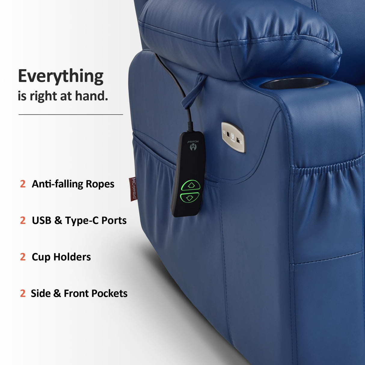 MCombo Electric Power Lift Recliner Chair Sofa with Massage and Heat for Elderly, 3 Positions, 2 Side Pockets, and Cup Holders, USB Ports, Faux Leather 7040 (Blue, Medium) MCombo
