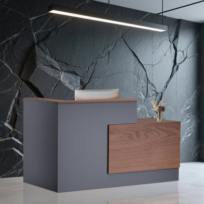 kaiwrxin L-Shaped Modern Reception Desk with Counter & Storage - 71" Large Office Front Desk, Salon Checkout Counter with Lockable Cabinets, Shelves(Brown & Black, Left - 71''L x 34''W x 41''H)