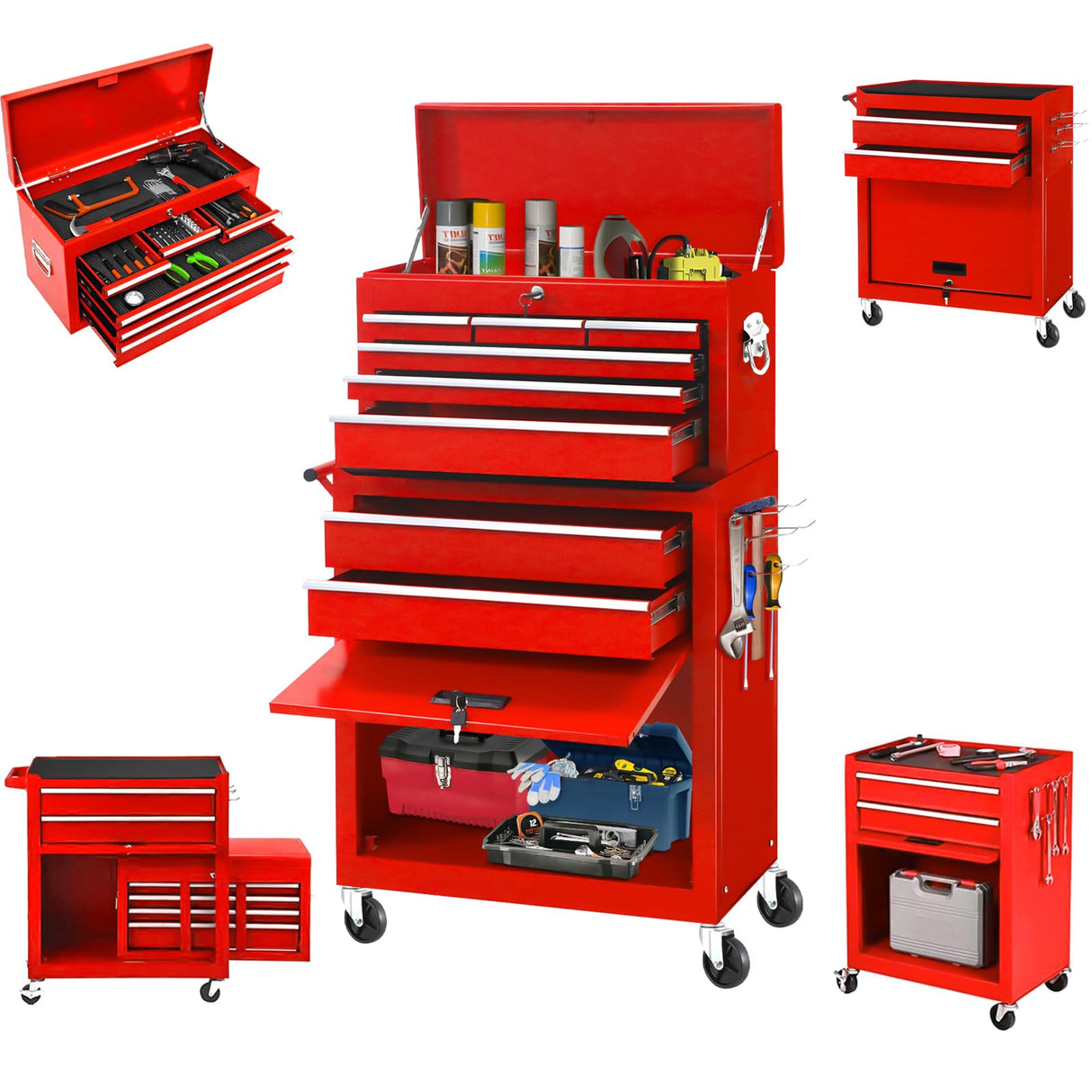 INTERGREAT Tool Chest Cabinet,8-Drawer Rolling Tool Chest with Detachable Top Tool Box, Tool Chest with Universal Lockable Wheels, Metal Tool Cart for Garage, Workshop, Barbershop(Red) INTERGREAT