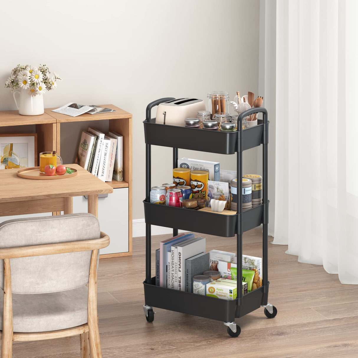 Sywhitta 3-Tier Plastic Rolling Utility Cart with Handle, Multi-Functional Storage Trolley for Office, Living Room, Kitchen, Movable Storage Organizer with Wheels, Black Sywhitta