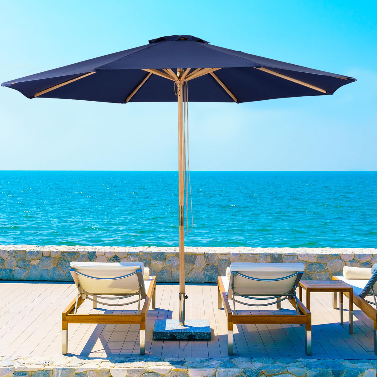 CASUNER 9FT Bamboo Table Umbrella Patio Outdoor Umbrella Market Round Umbrella with Pulley Lift Windproof & Waterproof, 8 Ribs with Polyester Cover for Garden, Deck, Pool, lawn, Backyard (NAVY) CASUNER