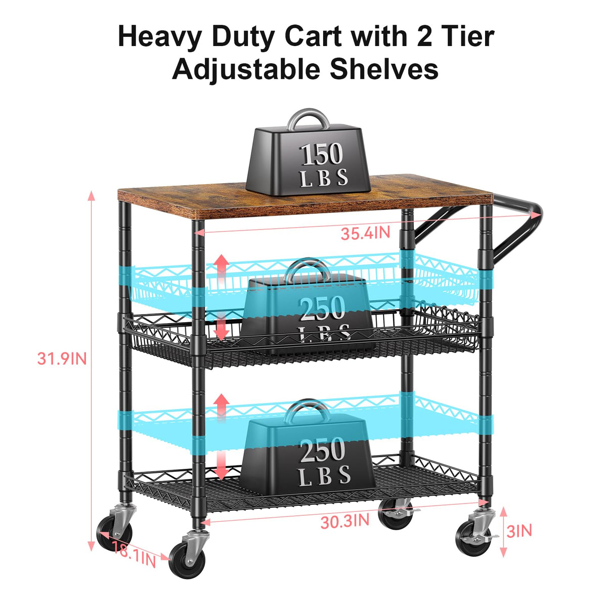 WDT 3 Tier Rolling Carts with Wheels, Heavy Duty Rolling Utility Cart with Wood Tabletop, Commercial Grade Metal Cart with Handle and Hooks, NSF Storage Serving Carts for Kitchen Island, Wood+Metal WDT