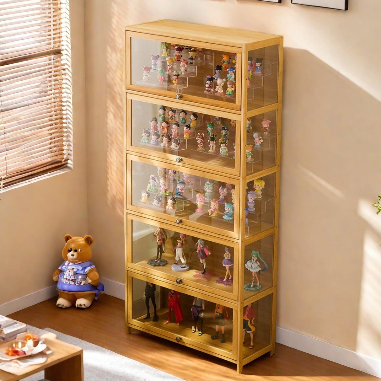 HAOWANJP Curio Display Cabinet 5-Tier Storage Shelves with Acrylic Door, Collectibles Toy Organizers Rack & Display Shelf, Kids Bookshelf and Bookcase for Playroom, Bedroom (Brown-1) HAOWANJP