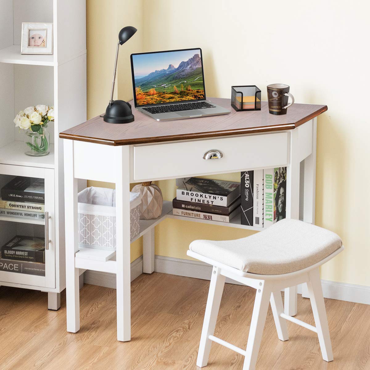 Tangkula Corner Desk, Corner Computer Desk with Drawer for Small Space, Small Corner Makeup Vanity Desk, 90 Degrees Triangle Corner Desk with Storage Shelves (Natural & White) Tangkula