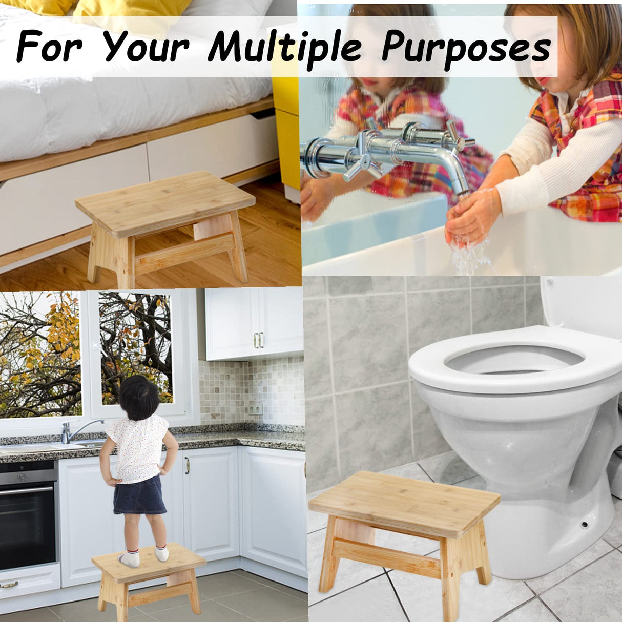 Lyellfe Bamboo Step Stool, Non-Slip One Step Stool, Potty Training Stool, Portable Sturdy Bedside Stool for High Beds, Kids Adults, Support up to 300lbs, Easy Assembly Lyellfe