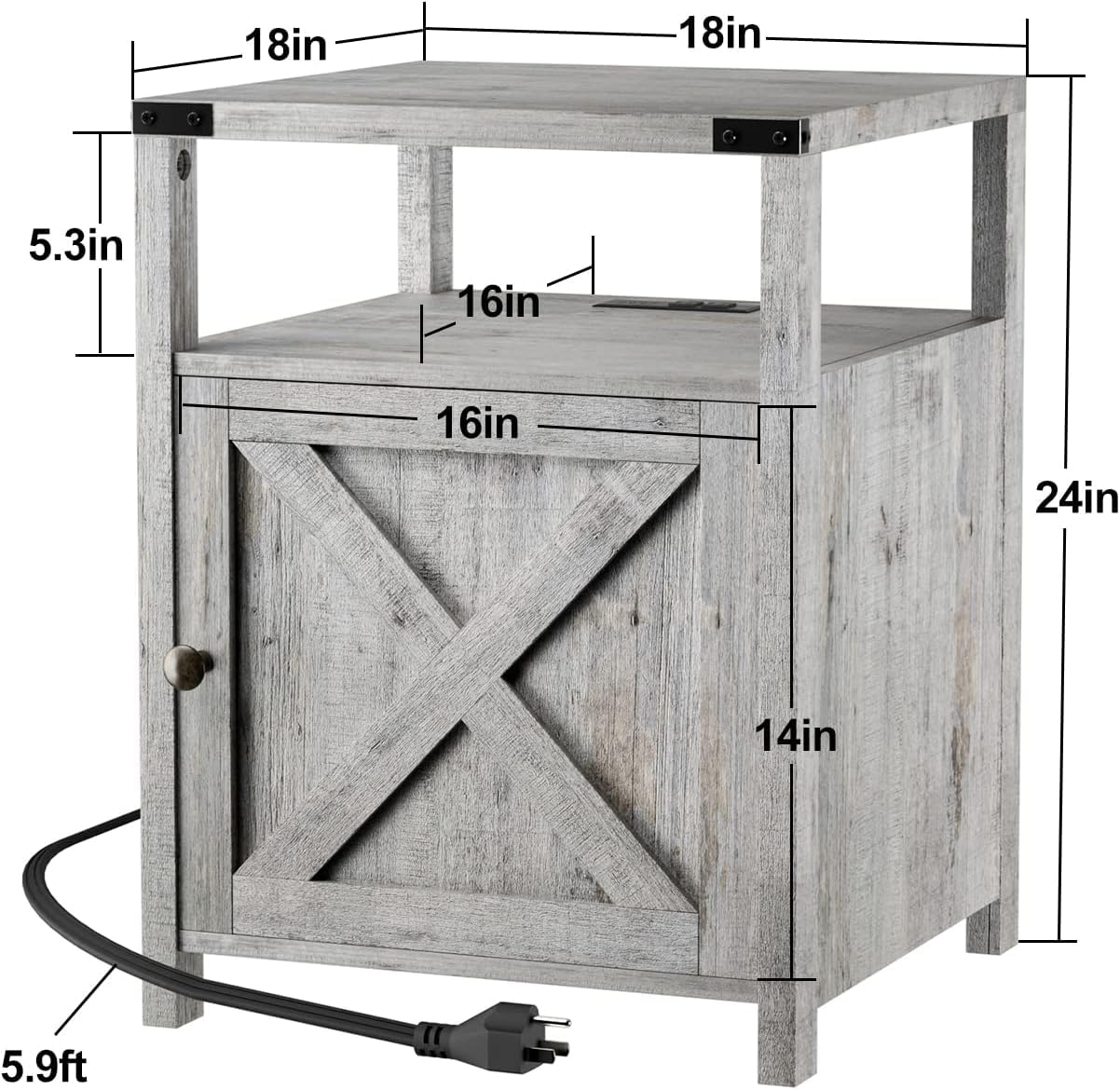 HOSEOKA Farmhouse Nightstand with Charging Station, Grayish White End Table Bedroom with Storage Living Room Side Table Beige Night Stand Industrial Bedside Bed Table with USB Ports and Outlets HOSEOKA