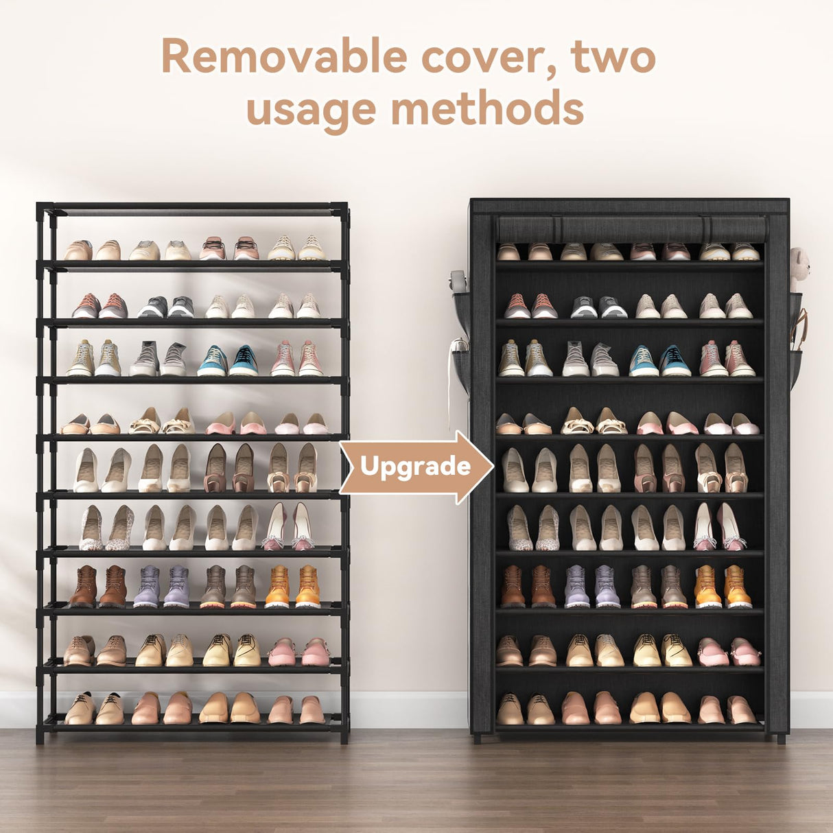 LANTEFUL Shoe Rack with Covers - 10 Tiers Tall Shoe Rack Organizer Large Capacity Shoe Shelf Storage 40 Pairs Space Saving Vertical Shoe Storage Organizer for Closet, Entryway, Dorm, Bedroom LANTEFUL