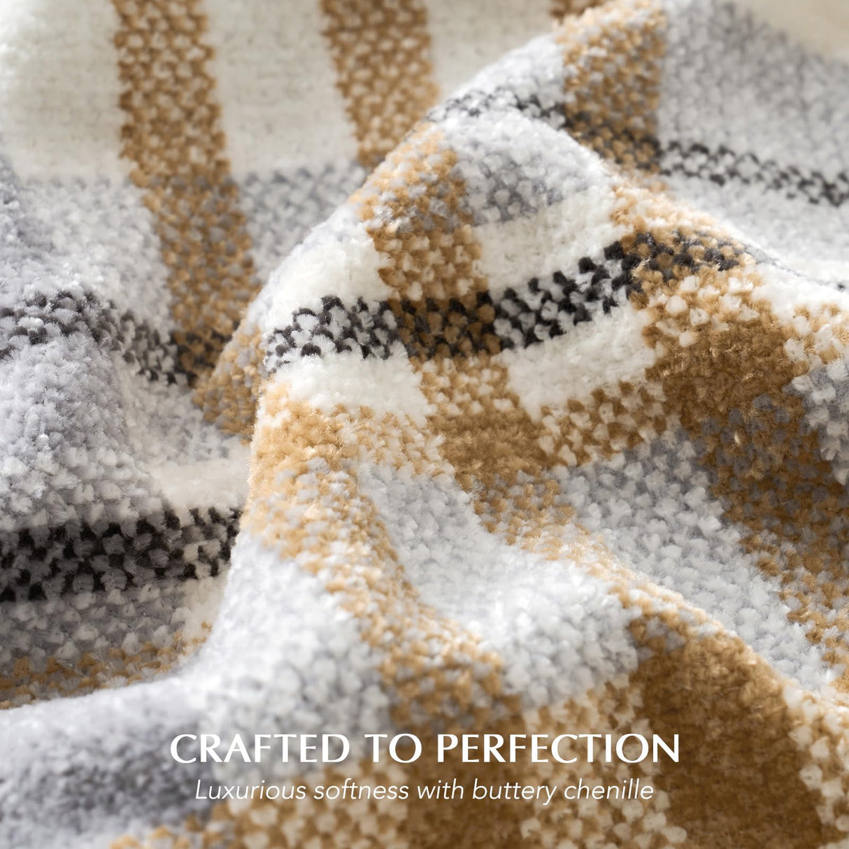 EVERGRACE Plaid Chenille Throw Blanket for Couch, Super Soft Cozy Decorative Farmhouse Plaid Throw with Tassels, Lightweight Chenille Knit Throw for Bed Sofa Gift Home Decor, Grey & Beige 50"x60" EverGrace