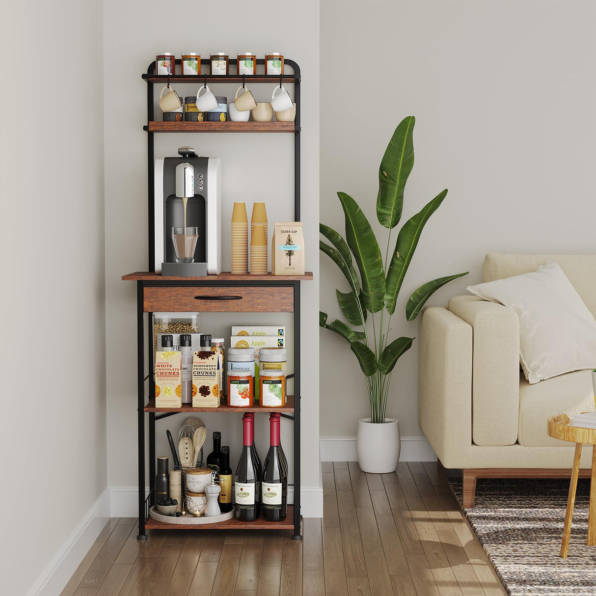 Homsorout Coffee Bar Station - Bakers Rack with Fabric Drawer, Microwave Oven Storage Stand, Bakers Rack for Coffee Stand Station, Home Kitchen Organizer, Brown Homsorout