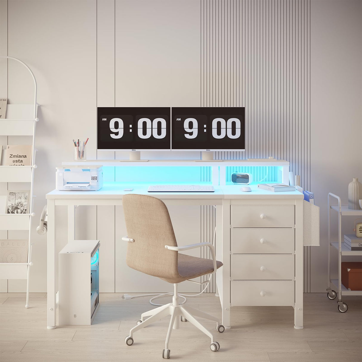 Lufeiya White Desk with 4 Drawers - 47 inch Gaming Desk with Monitor Stand, Computer Gaming Desk with LED Lights Power Outlets and Storage Bag Fabric Drawer for Home Office, Bedroom, White Lufeiya