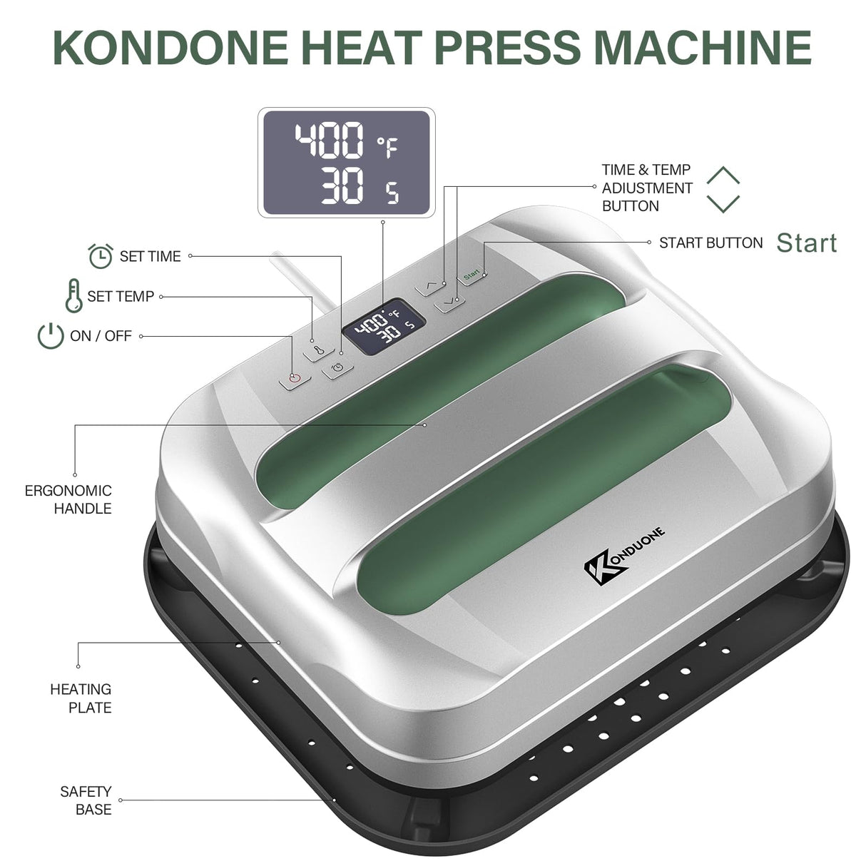 Heat Press Machine 12" x 10" Easy Press Heat Transfer for T-Shirts and HTV Vinyl Projects, Silver & Irish Green Konduone