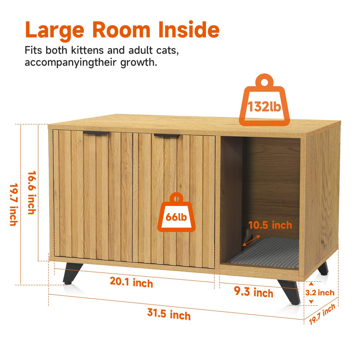 QuicMiou Cat Litter Box Enclosure, Modern Cat Litter Box Furniture Hidden, with Scratching Pad, 4 Metal Legs, Cat House, Natural Oak QuicMiou