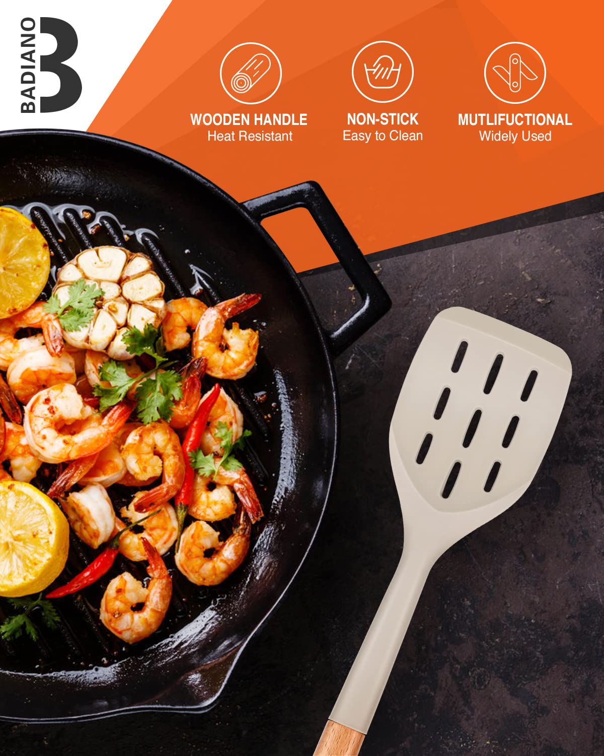 Pack of 2 Silicone Spatula, Non Stick Cooking Utensil Set Wooden Handle Kitchen Turner for Baking Mixing Grilling Serving Food Heat Resistant Non Scratch Hooks Included (Khaki) Badiano