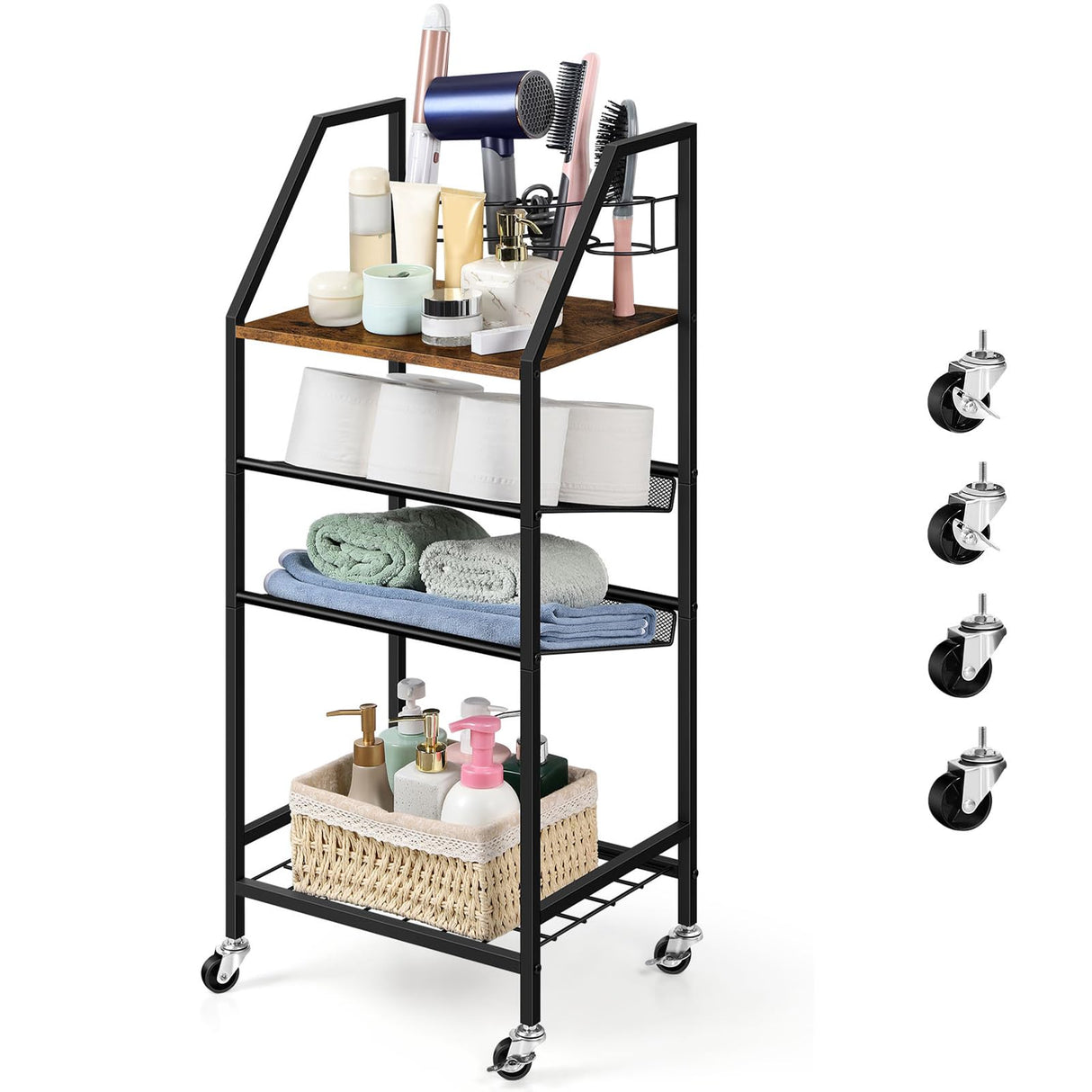 OYEAL Bathroom Storage Cart with Wheels Rolling Bathroom Shelves Slim Freestanding Bathroom Towel Storage Organizer with Hair Tool Holder for Small Spaces, Rustic Brown OYEAL