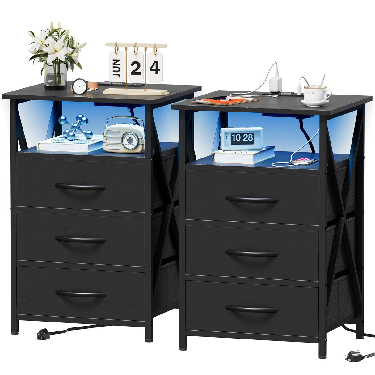 Furmax End Table, LED Nightstand Set of 2 with Charging Station and 3 Wooden Panel Fabric Drawers, 3-Tier Side Table with USB Ports and Outlets, for Bedroom, Living Room, Black Furmax