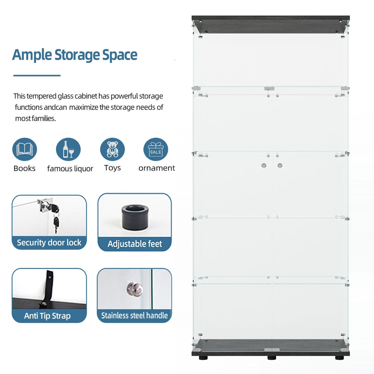 74.8" Tall Glass Display Cabinet with LED Lights, Curio Glass Cabinet with 5 Shelves with 2 Door, Quick-Install Style Floor Standing Bookshelf File Cabinet for Home Office Kootlena