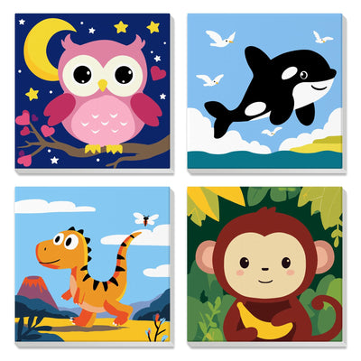 4 Pack Paint by Number for Kids with Wooden Frame, Cartoon Owl, Whale Paint by Numbers for Kids Ages 8-12, Baby Dinosaur, Monkey, DIY Acrylic Oil Painting for Beginners for Home Wall Decor 8X8 inch