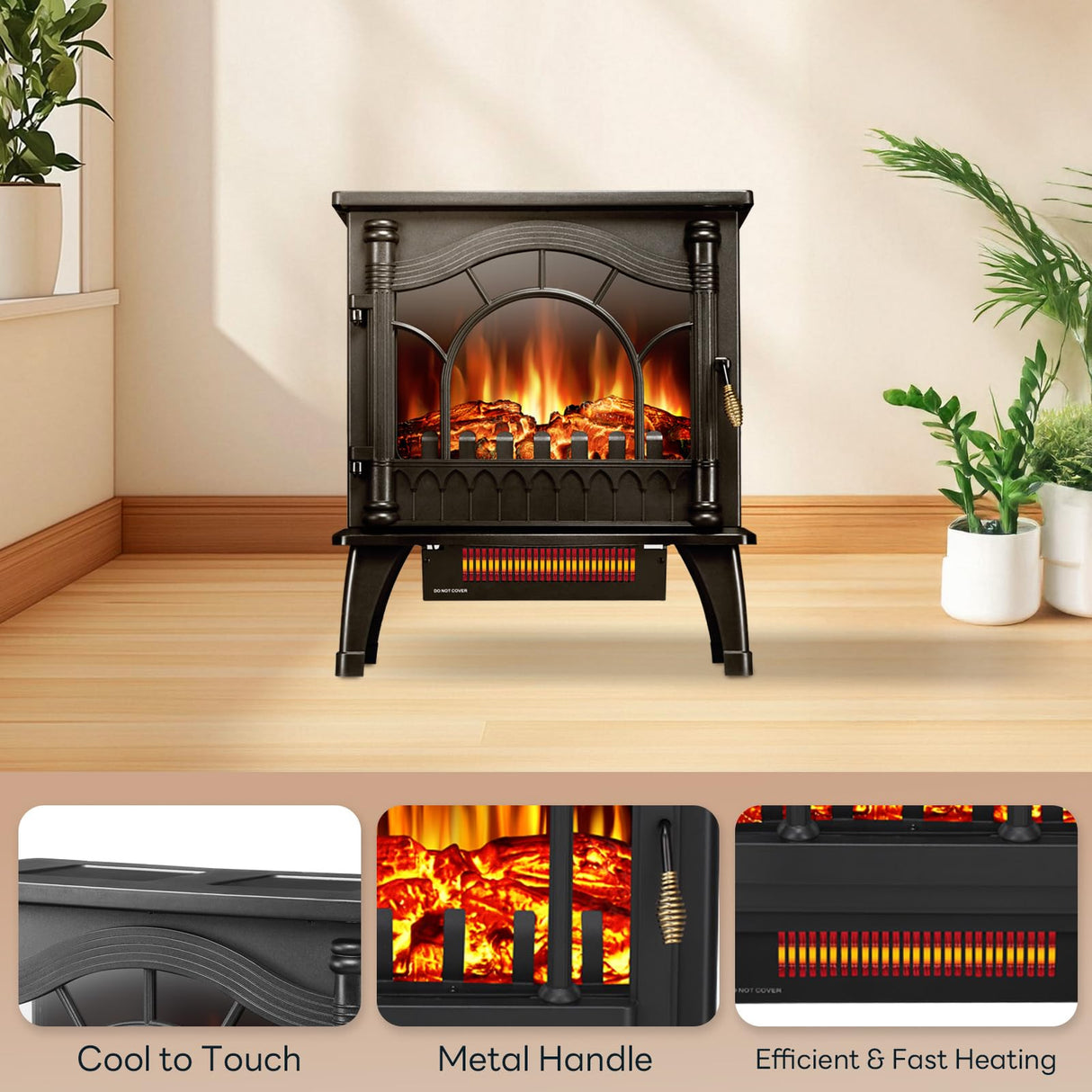 ZAFRO Freestanding Electric Fireplace Stove with Realistic Flame, 5100 BTU Electric Fireplace Heater with Retro Design, 1000W/1500W, Dual Safety Protection for Living Room, Bedroom ZAFRO