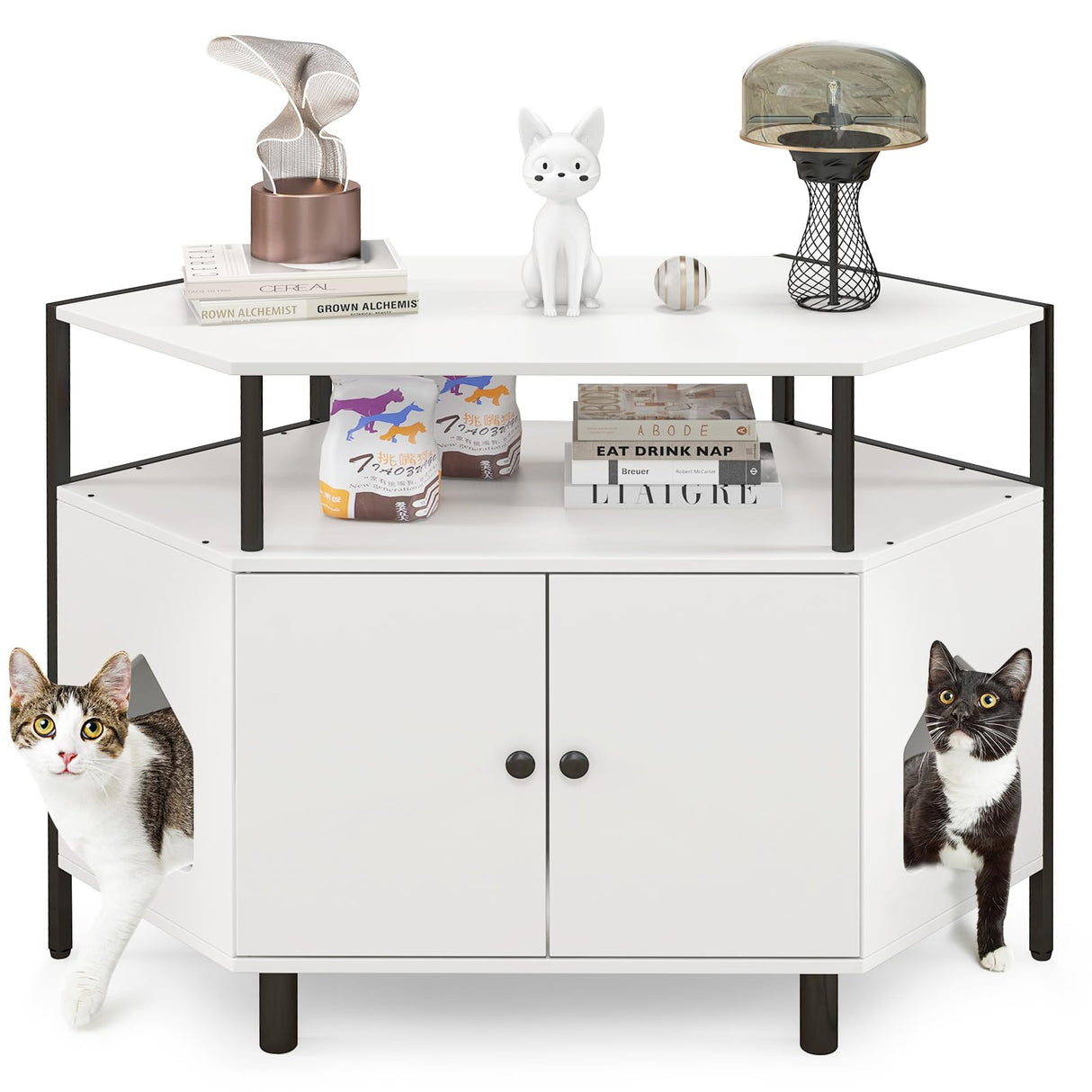 Tangkula Corner Litter Box Enclosure, Double Enclosed Litter Box Furniture with Open Shelf, 2 Entrances, Hidden Cat Washroom, Large Cat Box Cabinet for Indoor Cats (White) Tangkula