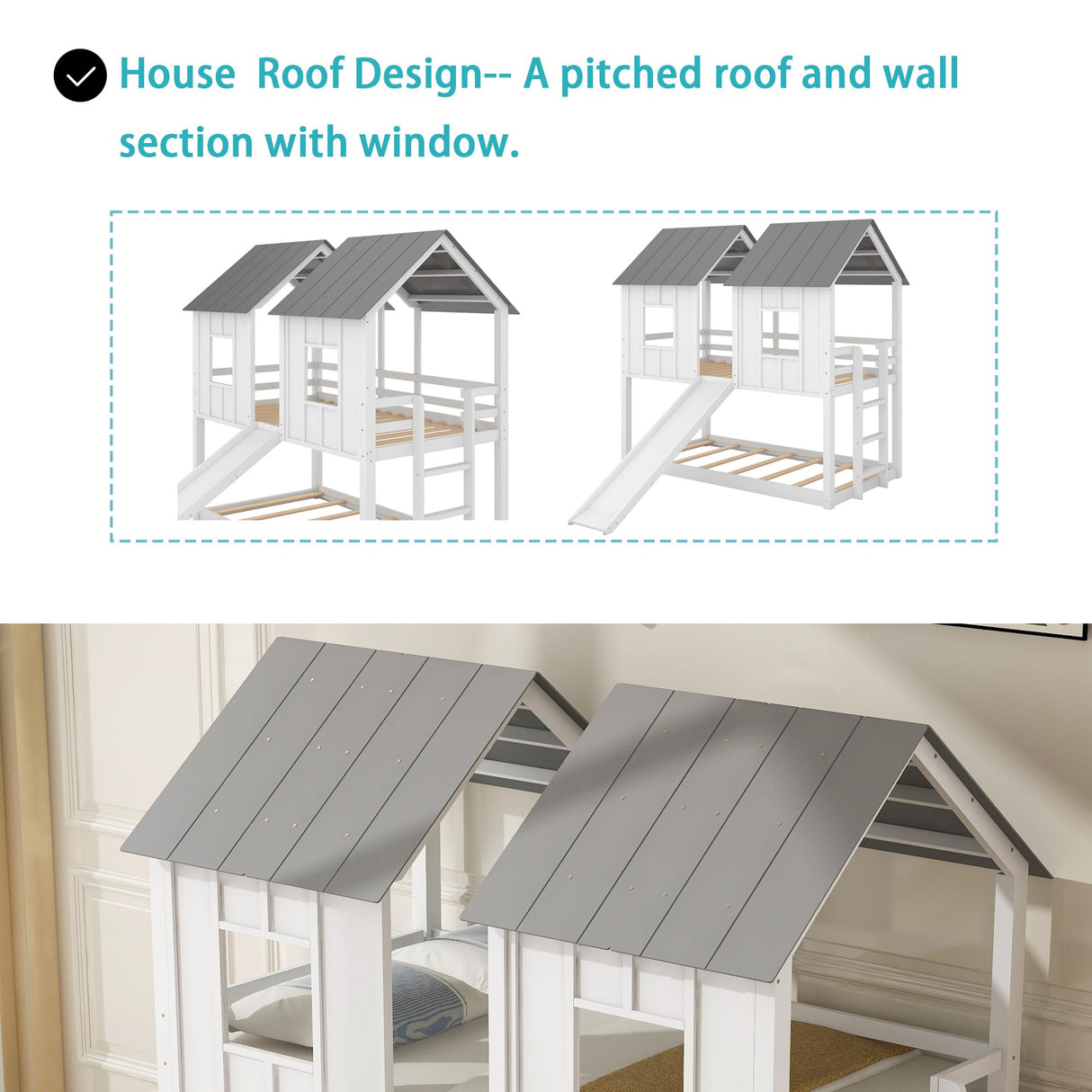 Merax Twin-Over-Twin Wooden House Bunk Bed with Slide, Windows, Ladder and Guardrails, Twin Size White House Bunk Bed Merax