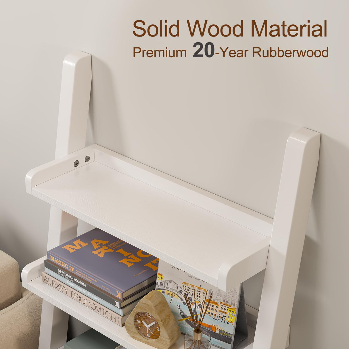 AQIMUELE White Wooden Ladder Shelf with Edges, 5-Tier Modern Leaning Bookshelf Ladder – Stylish Space-Saving Bookcase for Living Room, Bedroom & Home Office AQIMUELE