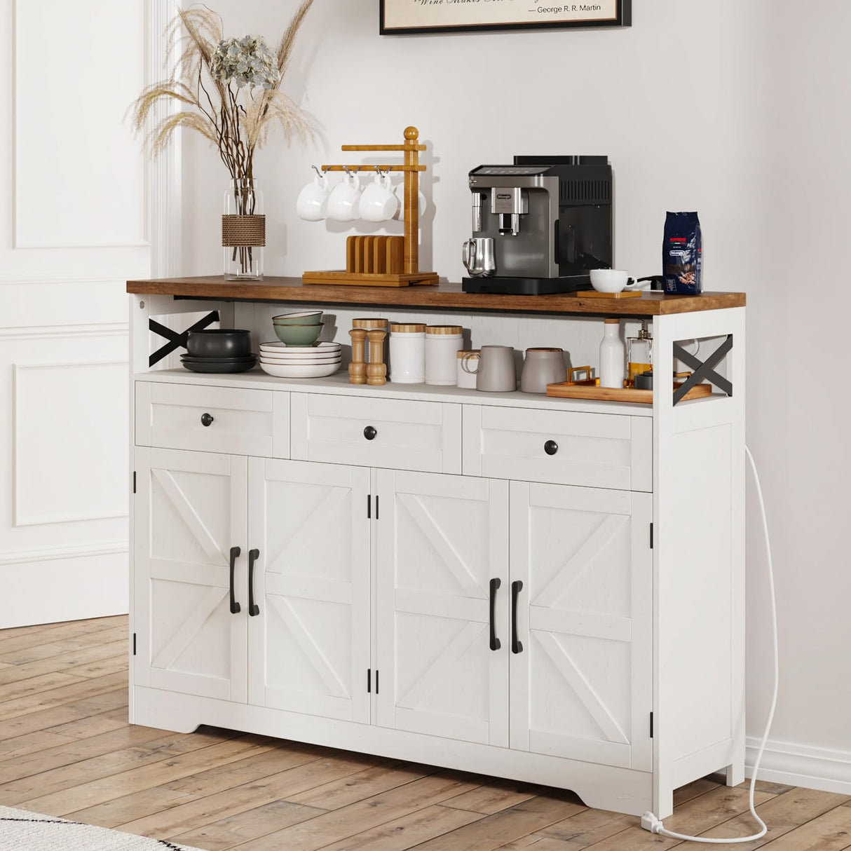 51" Farmhouse Buffet Sideboard Cabinet with Storage, White Kitchen Storage Pantry Cabinet with Drawers, Wood Cupboard Hutch Cabinet, Coffee Bar Station Table for Kitchen, Living Room, Dining Room FiveWillowise